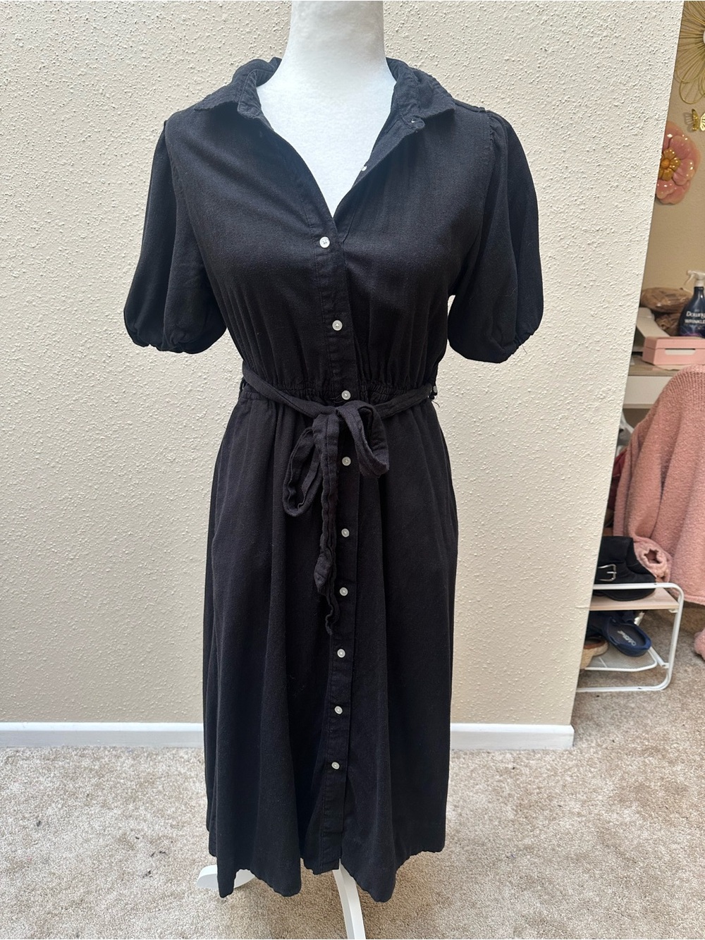 Linen Blend Button Collared Midi Shirt Dress Short Puff Sleeve Pockets Teacher M